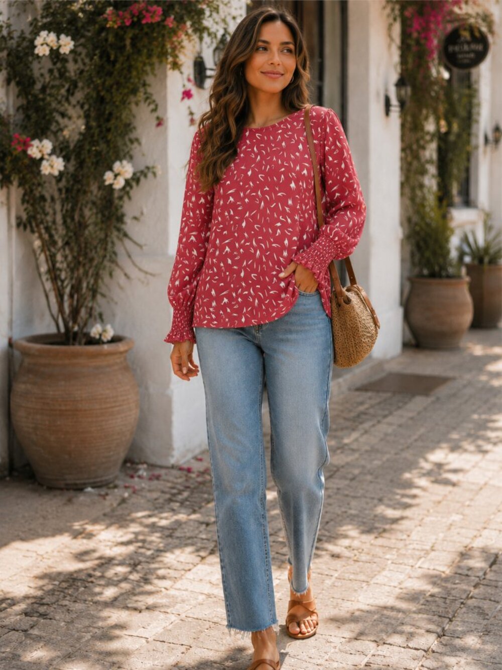 Miss Sparkling Red Abstract Floral Print Smocked Cuff Blouse